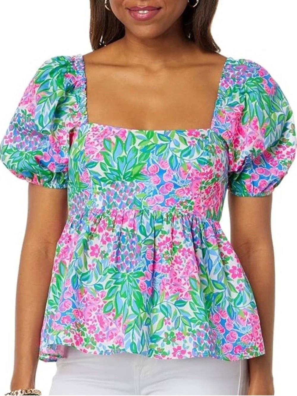 Lily Pulitzer Floral Puff-Sleeve Square Neck Top - Pink & Green